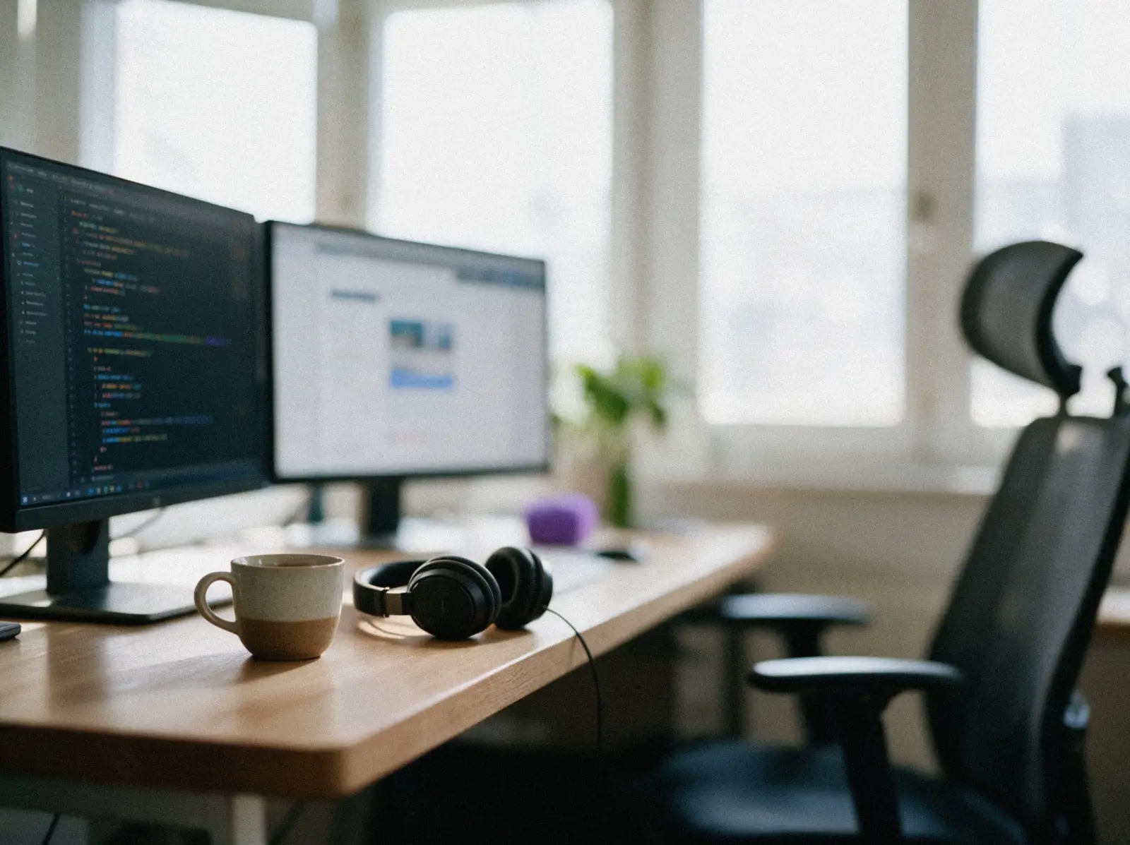 Aufgeräumter Arbeitsplatz am Fenster mit zwei Monitoren, Code und einem Website-Entwurf